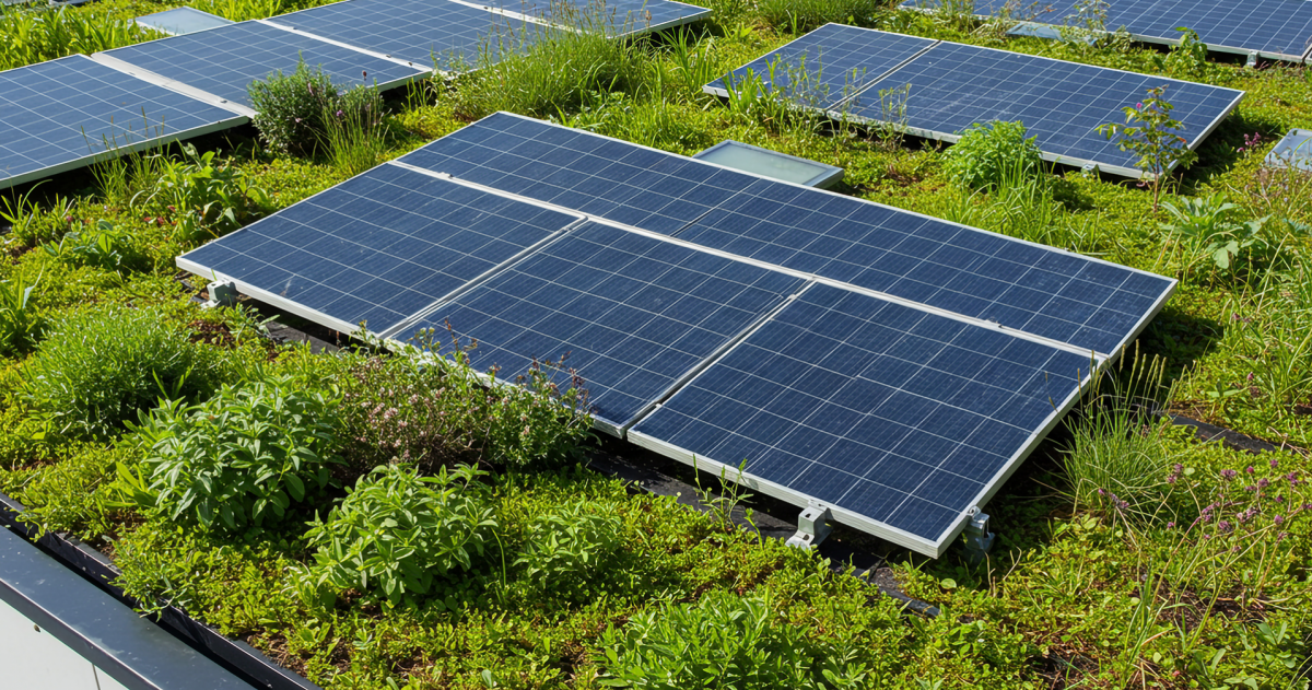 Zonnepanelen op een groen dak van een huis
